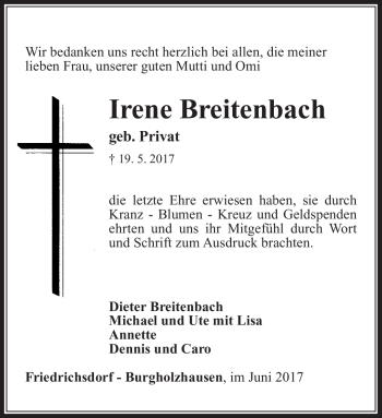 Traueranzeige von Irene Breitenbach von Neue Presse Coburg