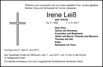 Traueranzeige von Irene Leiß von Neue Presse Coburg