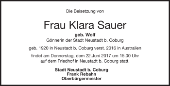 Traueranzeige von Klara Sauer von Neue Presse Coburg