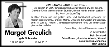 Traueranzeige von Margot Greulich von Südthüringer Presse