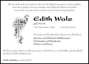 Traueranzeige von Edith Walz von Südthüringer Presse