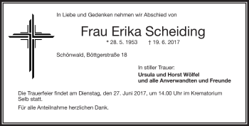 Traueranzeige von Erika Scheiding von Frankenpost