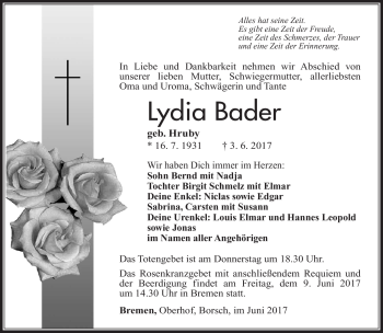 Traueranzeige von Lydia Bader von Südthüringer Presse