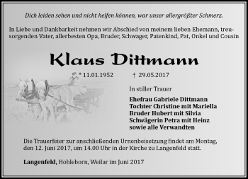 Traueranzeige von Klaus Dittmann von Südthüringer Presse