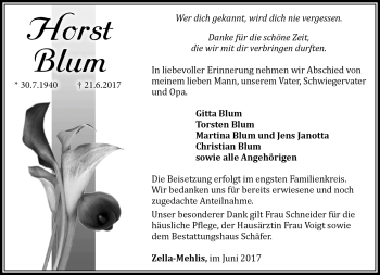 Traueranzeige von Horst Blum von Südthüringer Presse