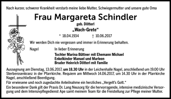 Traueranzeige von Margareta Schindler von Frankenpost