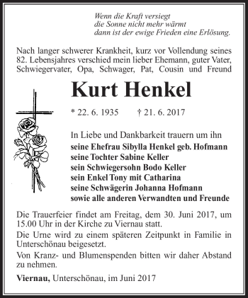 Traueranzeige von Kurt Henkel von Südthüringer Presse