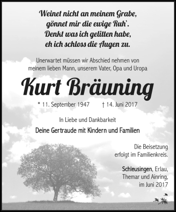 Traueranzeige von Kurt Bräuning von Südthüringer Presse