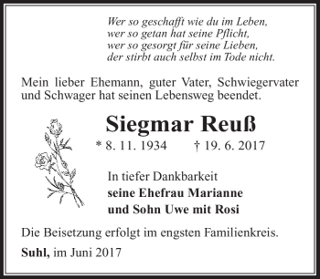 Traueranzeige von Siegmar Reuß von Südthüringer Presse