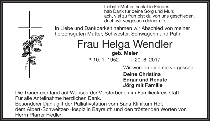  Traueranzeige für Helga Wendler vom 26.06.2017 aus Frankenpost