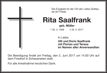Traueranzeige von Rita Saalfrank von Frankenpost
