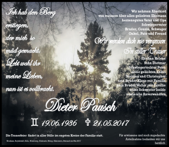 Traueranzeige von Dieter Pausch von Südthüringer Presse