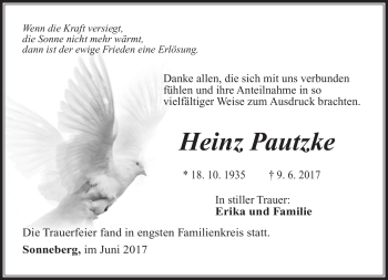 Traueranzeige von Heinz Pautzke von Südthüringer Presse