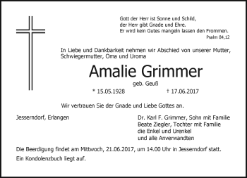 Traueranzeige von Amalie Grimmer von Neue Presse Coburg