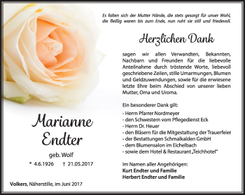 Traueranzeige von Marianne Endter von 26011