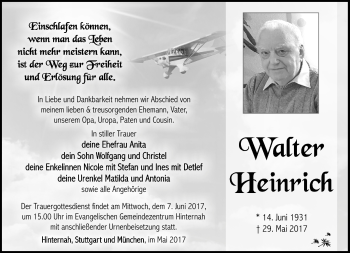 Traueranzeige von Walter Heinrich von Südthüringer Presse