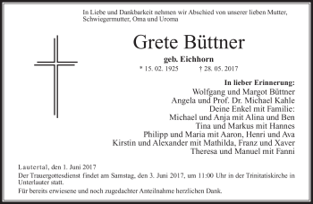 Traueranzeige von Grete Büttner von Neue Presse Coburg