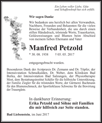 Traueranzeige von Manfred Petzold von Südthüringer Presse