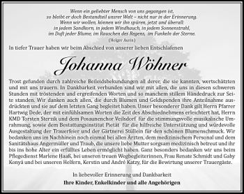 Traueranzeige von Johanna Wöhner von Südthüringer Presse