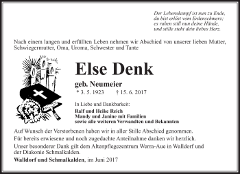 Traueranzeige von Else Denk von Südthüringer Presse
