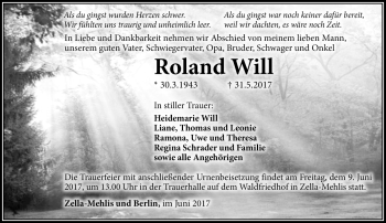 Traueranzeige von Roland Will von Südthüringer Presse