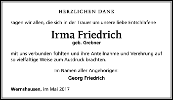 Traueranzeige von Irma Friedrich von Südthüringer Presse
