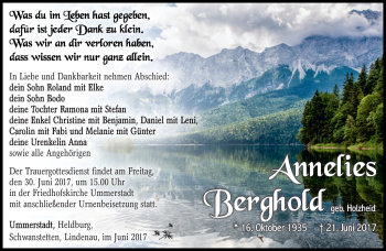 Traueranzeige von Annalies Berghold von Südthüringer Presse