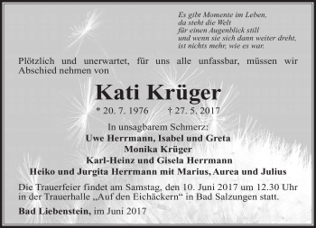 Traueranzeige von Kati Krüger von Südthüringer Presse