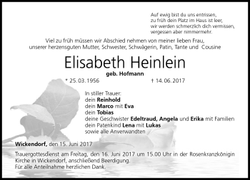 Traueranzeige von Elisabeth Heinlein von Neue Presse Coburg