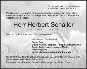 Traueranzeige von Herbert Schäller von Frankenpost