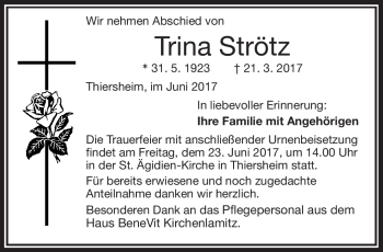Traueranzeige von Trina Strötz von Frankenpost