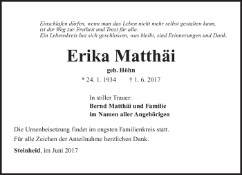 Traueranzeige von Erika Matthäi von Südthüringer Presse