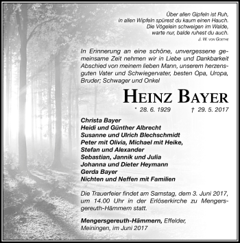 Traueranzeige von Heinz Bayer von Südthüringer Presse