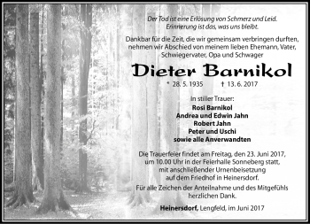 Traueranzeige von Dieter Barnikol von Südthüringer Presse