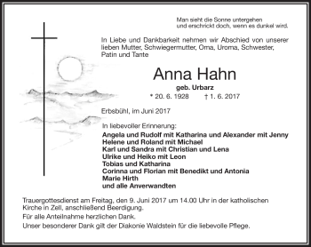 Traueranzeige von Anna Hahn von Frankenpost