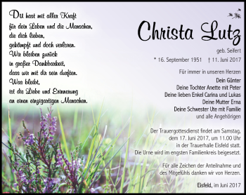 Traueranzeige von Christa Lutz von Südthüringer Presse