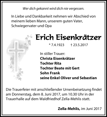 Traueranzeige von Erich Eisenkrätzer von Südthüringer Presse