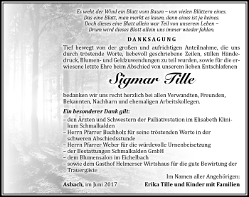 Traueranzeige von Sigmar Thille von Südthüringer Presse