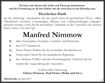 Traueranzeige von Manfred Nimmow von Südthüringer Presse