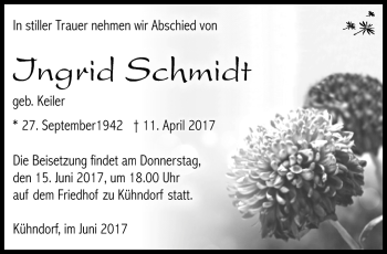 Traueranzeige von Ingrid Schmidt von Südthüringer Presse