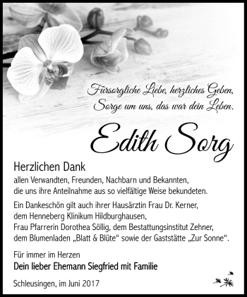Traueranzeige von Edith Sorg von Südthüringer Presse