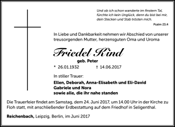 Traueranzeige von Kind Friedel von Südthüringer Presse