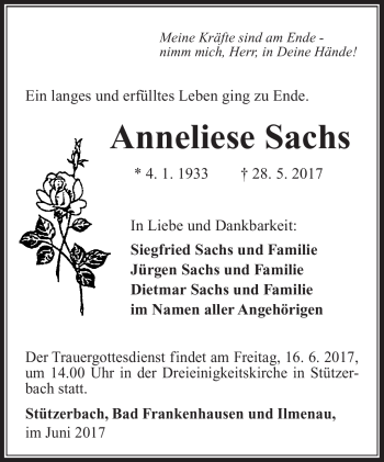 Traueranzeige von Anneliese Sachs von Südthüringer Presse