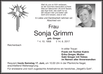 Traueranzeige von Sonja Grimm von Frankenpost
