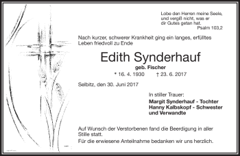 Traueranzeige von Edith Synderhauf von Frankenpost