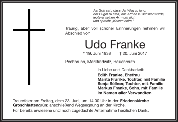 Traueranzeige von Udo Franke von Frankenpost