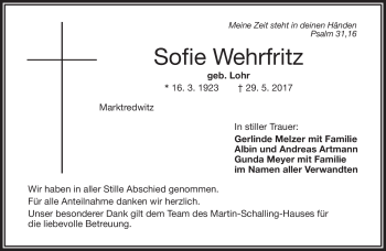 Traueranzeige von Sofie Wehrfritz von Frankenpost