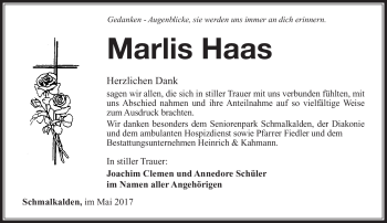 Traueranzeige von Marlis Haas von Südthüringer Presse