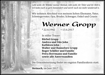 Traueranzeige von Werner Gropp von Südthüringer Presse