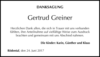 Traueranzeige von Gertrud Greiner von Neue Presse Coburg